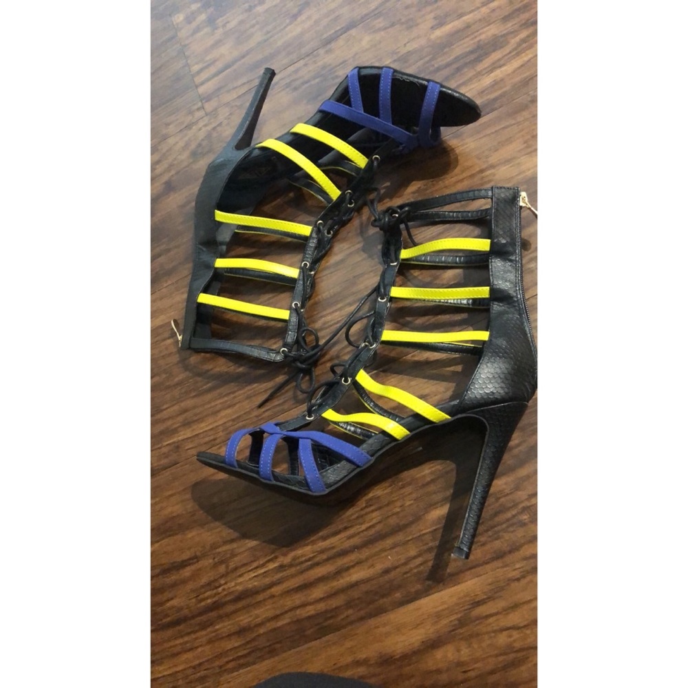 Black yellow blue heels